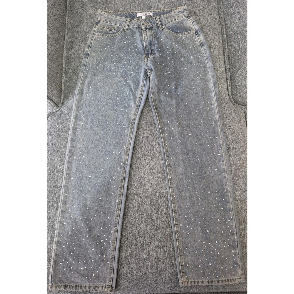 LOVE SOHO Women's Rhinestone Embellished Denim Jeans Wide Leg Light Wash Size 3